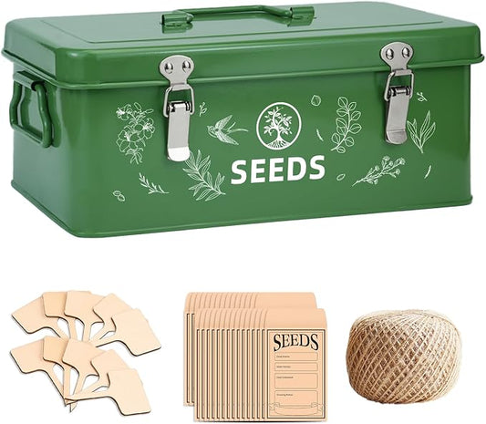 Seed Storage Box, Seed Storage Organizer with Garden String, 30 Seed Envelopes and Bamboo Plant Labels, 4 Compartments Garden Seed Organizer Box with Safety Locks, Dark Green