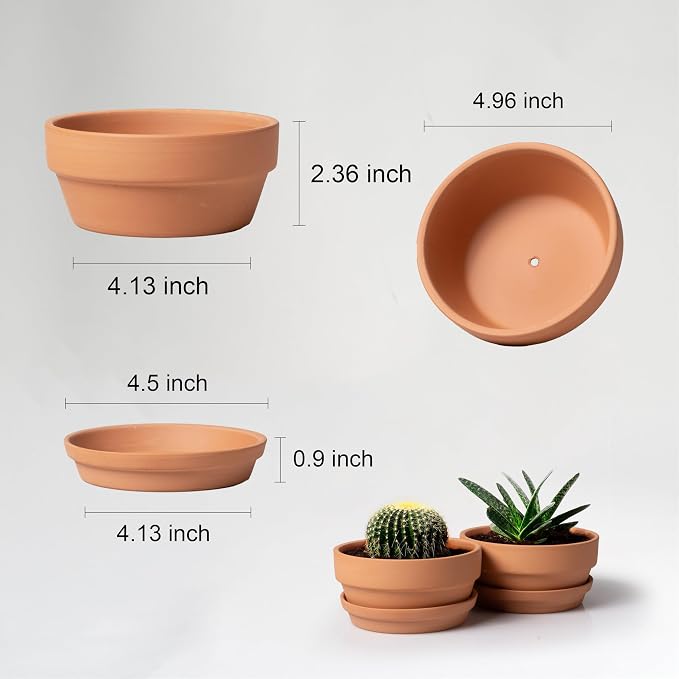 HERDUK Shallow Terracotta Pots 5 inch, Pack of 6 Clay Pots for Plants with Drainage Holes and Saucers, Mini Nursery Plant Pots for Seed, Succulents, Cactus, Indoor,Outdoor