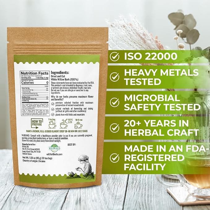 30 Bags White Willow Bark Herbal Tea (Salix Alba) - 30 Count 1.5g Bags Dried White Willow Bark Herb Tea