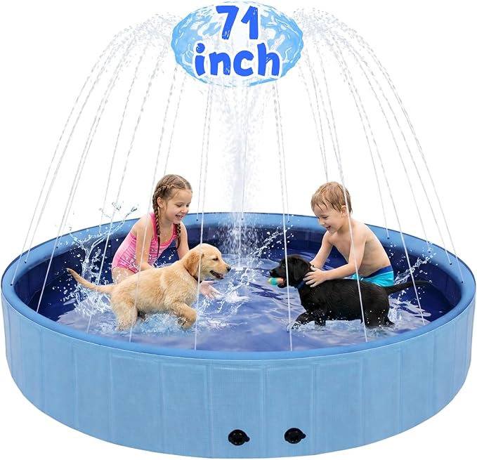 Eooqi Foldable Dog Pool with Sprinkler, Extra Large Thickened Splash Pool | 2-in-1 Outdoor Summer Water Play Toy, Non-Slip Hard-Side Kiddie Pool for Backyard Dogs, Kids & Pets (Blue, 71''-3XL)