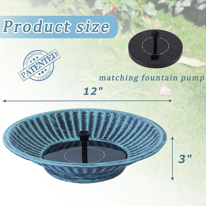 12.3" Solar Bird Bath Bowl,Metal Solar Bird Bath Fountains for Outdoors | Solar Fountain for Birdbath,Garden Bird Bath,Bird Bath Bubbler for Garden Patio Decor (Blue)