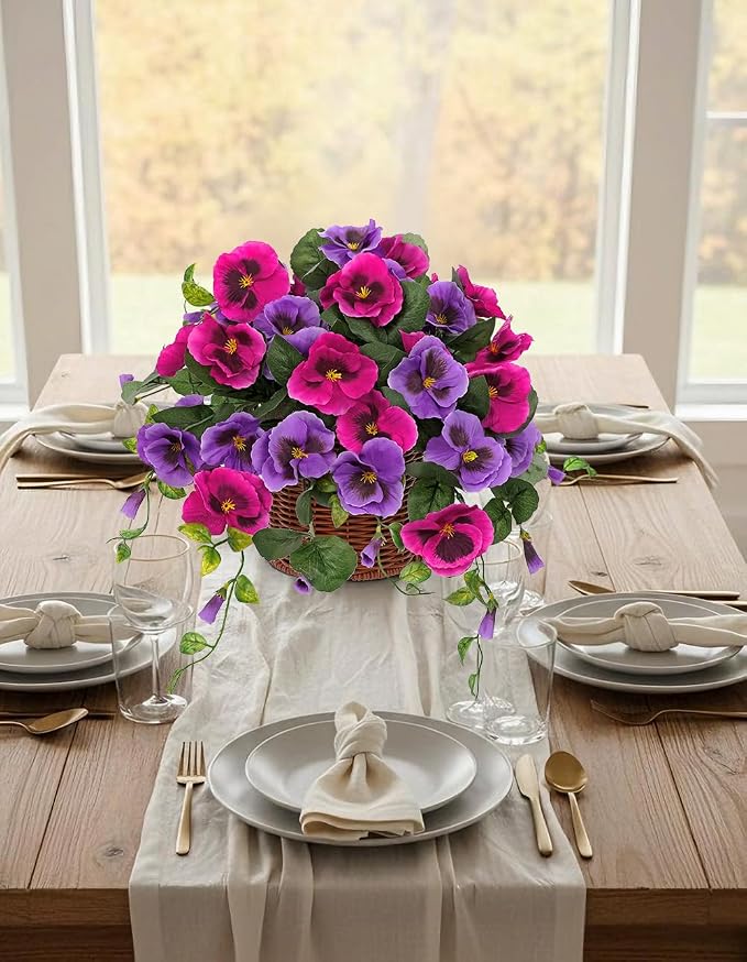 Briful Artificial Pansy Flowers, Potted Faux Cascading Flowers in Basket, Farmhouse Table Decor, Livingroom Dining Table Decor, Entryway Tabletop Décor Fake Flowers for Home Indoor, Fuchsia