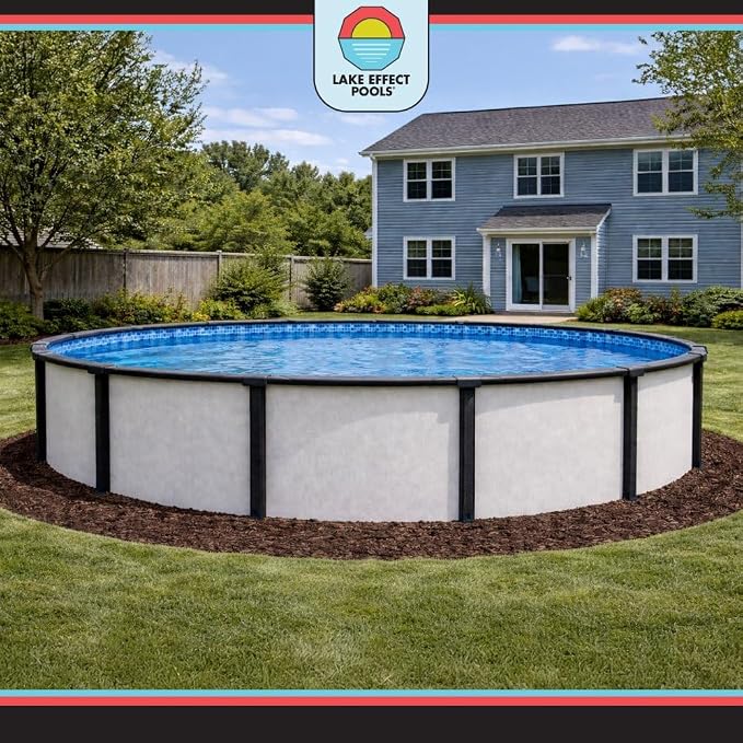 Lake Effect Pools 'Fiji' 24 ft Round Above Ground Swimming Pool | 52 Inch Resin Protected Steel Sided Walls | Bundle Includes: 25 Gauge Unibead Liner & Widemouth Skimmer
