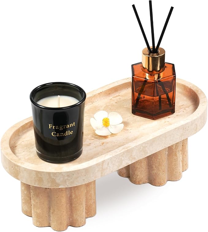 Travertine Marble Perfume Tray - Oval Decorative Stone Pedestal with Scalloped Legs for Bathroom Vanity Coffee Table Kitchen Countertop, Footed Jewelry Holders Organizers
