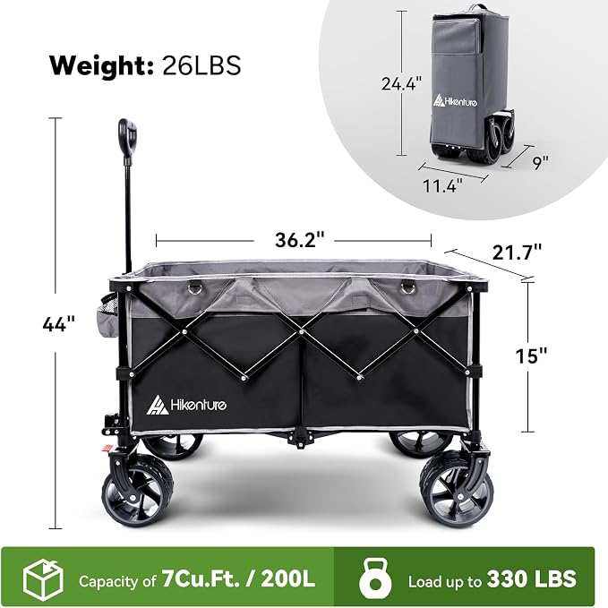 Hikenture Foldable Beach Wagon with Big Wheels for Sand, 330 lbs Capacity | Large wagon for beach, camping, sports & grocery hauling; Big wheels for sand & gravel; One-hand fold
