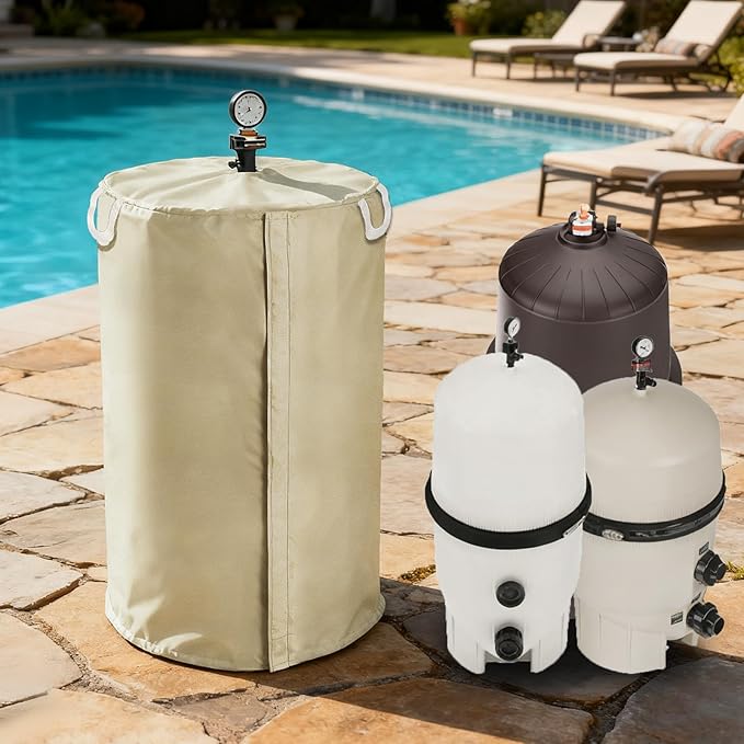 Pool Filter Cover with Plush Linner, 600D Waterproof Oxford Fabric Pool Equipment Cover, Suitable for Most Filters on Market(Universal Style, Beige)