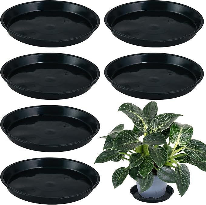 6 Pack 13.5 Inch Plant Saucers for Indoors Outdoors Plastic Plant Water Catcher Trays No Holes Round Flower Pot Drip Trays for Pots Base Heavy Duty Plant Pot Saucers Water Drainage Trays, Black