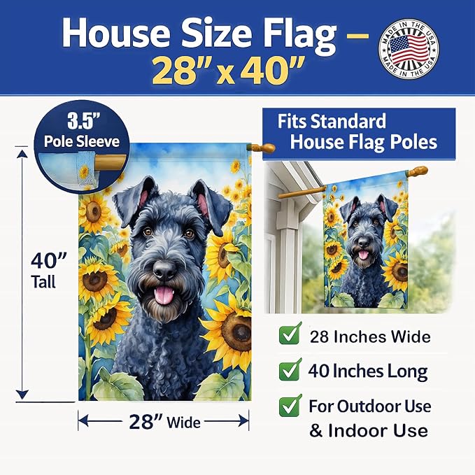 Caroline's Treasures DAC6106CHF Kerry Blue Terrier in Sunflowers House Flag Large Porch Sleeve Pole Decorative Outside Yard Banner Artwork Wall Hanging, Polyester, House Size, Multicolor