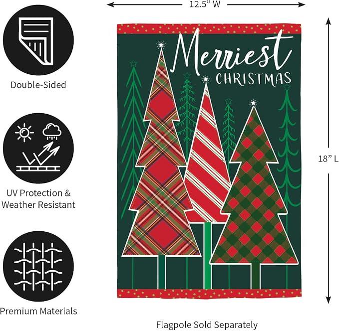 Evergreen Flag Merriest Christmas Tree Applique Garden Flag | 12x18 Inches Double Sided Christmas Garden Flag for Outside | Weather and Fade Resistant | Outdoor Flag Décor for Home, Yards and Gardens