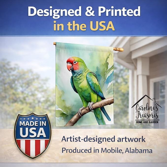Caroline's Treasures African Ringneck Parrot House Flag Large Porch Sleeve Pole Decorative Outside Yard Banner Artwork Wall Hanging, Polyester, House Size, Multicolor