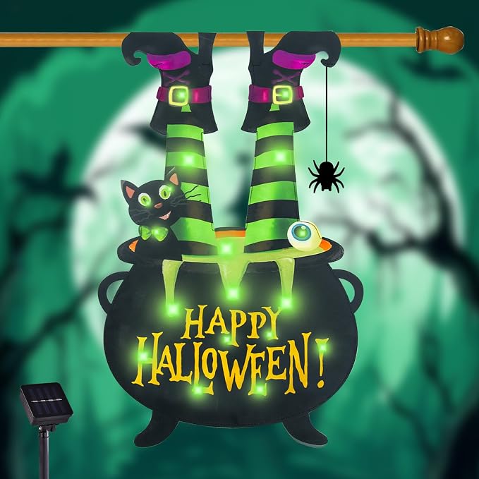 Halloween Lighted Garden Flag for Outside, Led Solar Yard Flag 8 Modes Witch Feet Shape Flag, 28x40 Double Sided Cauldron Eyeball Black Cat Decorations for Home Porch
