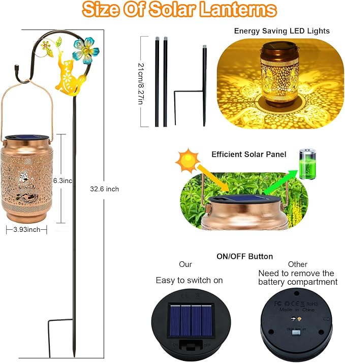 Cat Solar Lanterns Outdoor Waterproof Solar Garden Decor, Birthday Gifts for Women Mom Grandma, Metal Hanging Lights with Shepherd Hook for Outside Yard Patio Pathway Backyard Porch