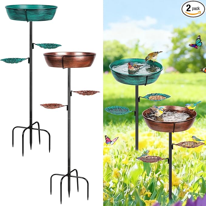 Metal Bird Bath for Outdoor 2 Pack- Garden Bird Bath with Removable Bowl Heavy-Duty Base, Winter Birdbath Feeder Rust-Proof Birdbaths for Garden Yard Lawn Decor, Easy to Install(Bronze&Green)
