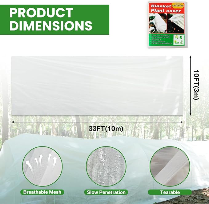 Plant Covers Freeze Protection, 10ft x 33ft Winter Frost Cloth Blankets for Outdoor Plants, 1.05oz/yd² Floating Row Cover Frost Protection for Gardens, Vegetables, Tree, Snow