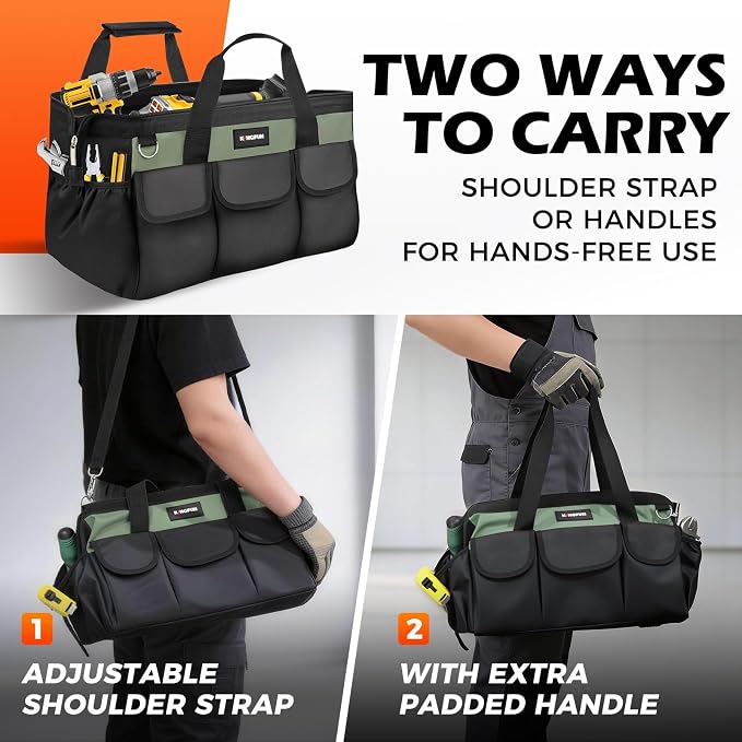 Kingfun 16 Inch Heavy Duty Wide Mouth Tool Bag with 14 Pockets | Adjustable Shoulder Strap & Padded Handle, Durable Tool Storage Bag for Electricians, Mechanics & more (Green)