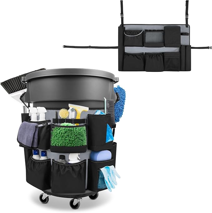 HODRANT 32-55 Gallon Trash Can Caddy Bag with Multi Pockets for Clean Tools | Garbage Bin Apron Caddy, Cleaning Tool Organizer with Adjustable Buckle for Janitorial Trash Can, Black+Gray