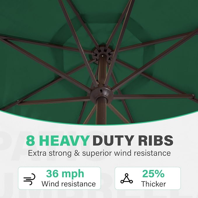 JEAREY 9 FT Patio Umbrella Outdoor, Table Umbrellas Market Umbrella w/Push Button Tilt/Crank, 8 Sturdy Ribs(Dark Green)