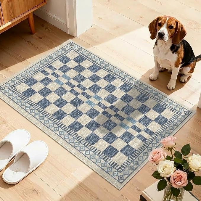 GarveeHome 2x3 Small Rug for Kitchen Modern Checkered Area Rug for Bathroom | Contemporary Blue Abstract Carpets Machine Washable Non-Slip Low Pile Doormat Soft Premium Area Rug for Hallway Bedroom