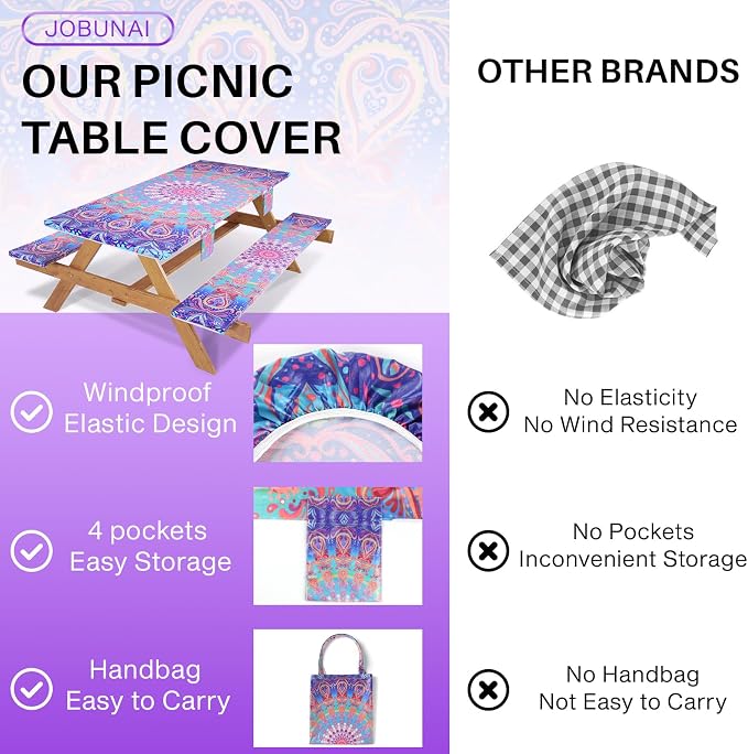 Jobunai 72x30 Picnic Table Cover with Bench Covers Reusable Polyester Camping Tablecloths for Outdoors Camp Trailer Stuff Traveling Road Trip Necessities Retirement Boho Summer Fall Party Decorations