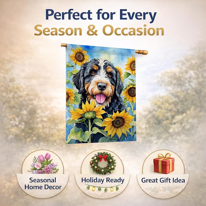 Caroline's Treasures DAC6025CHF Bernedoodle in Sunflowers House Flag Large Porch Sleeve Pole Decorative Outside Yard Banner Artwork Wall Hanging, Polyester, House Size, Multicolor