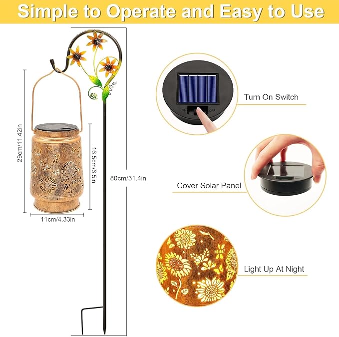 2 Pack Sunflower Solar Lanterns Outdoor with Shepherd Hook, Birthday Gift Mothers Day Gift for Women Mom Grandma Wife Daughter, Waterproof LED Hanging Lights, Decor for Yard Garden Patio Porch Lawn