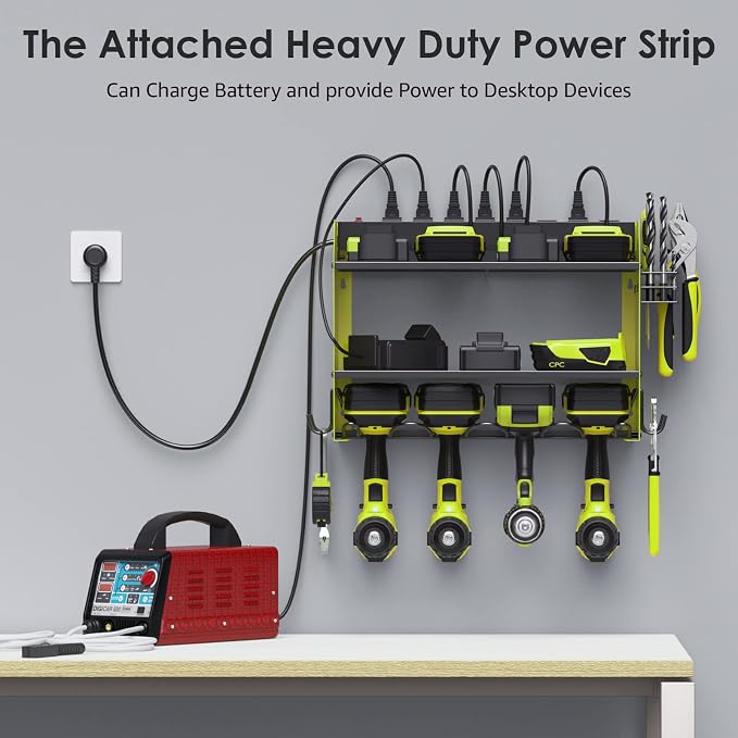 CCCEI Wall Mount Modular Tool Charging Organizer, Green, 2 Pack, 3 Tier. | Drill Battery Storage Rack with Hooks, Garage Workshop, Gifts for Men, Dad, Husband Anniversary, Birthday, Christmas