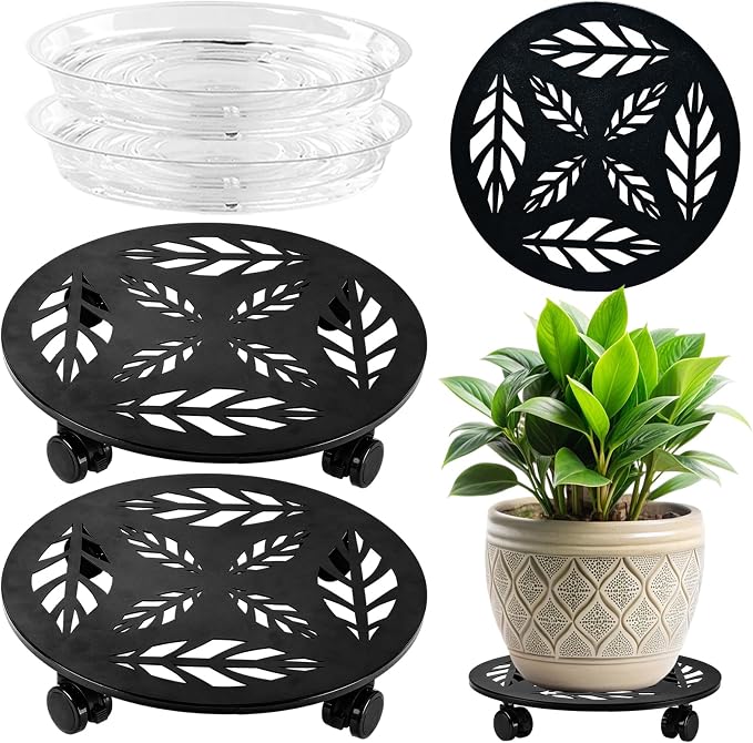 Planterhoma 2 Packs 12 Inch Rolling Plant Stand with Wheels Metal Plant Caddy with Wheels Heavy Duty Plant Rollers with Wheels Round Wrought Iron Plant Stand with Clear Saucers, Matte Black