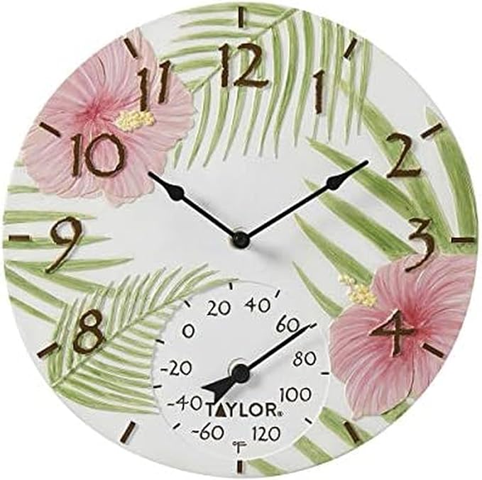 Taylor Pink Hibiscus Poly Resin Indoor and Outdoor Clock and Thermometer, Home Decor for Garden, Patio, Pool, and Indoor Areas, 14-inch, Multi-Color