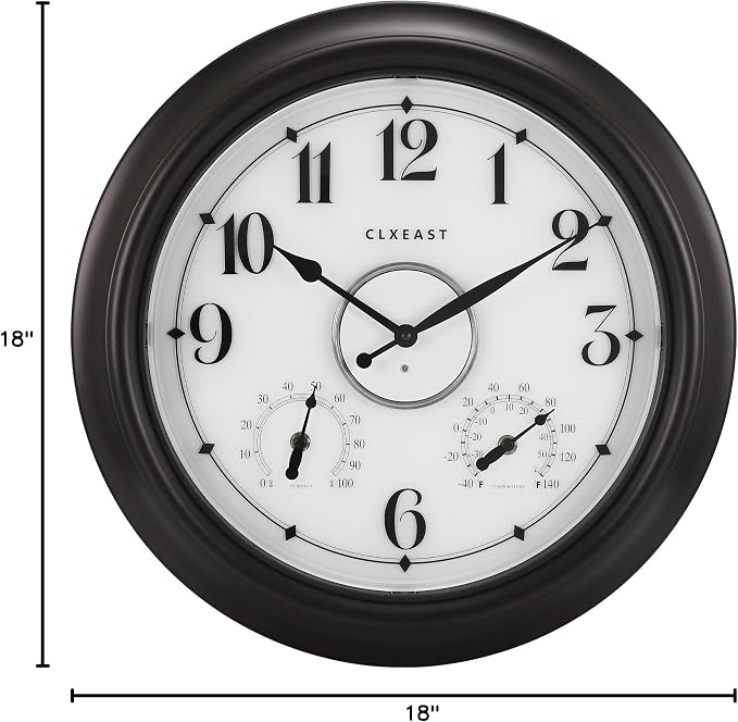 CLXEAST Illuminated Indoor Outdoor Clocks Waterproof 18 inch with Smart Night Light Sensor,Large Wall Clock with Thermometer & Hygrometer,Oil Rubbed Bronze Black