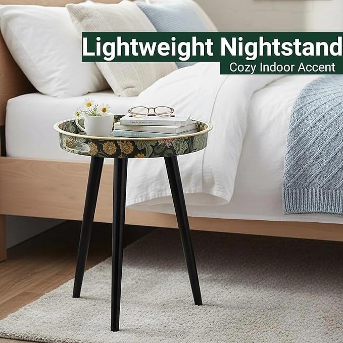 Small Round Side Table Vintage Floral - 13" William Morris Pattern - Botanical Tripod Drink Table & Nightstand with Moisture-Resistant Wrapped Legs for Living Room, Bedroom, Corner