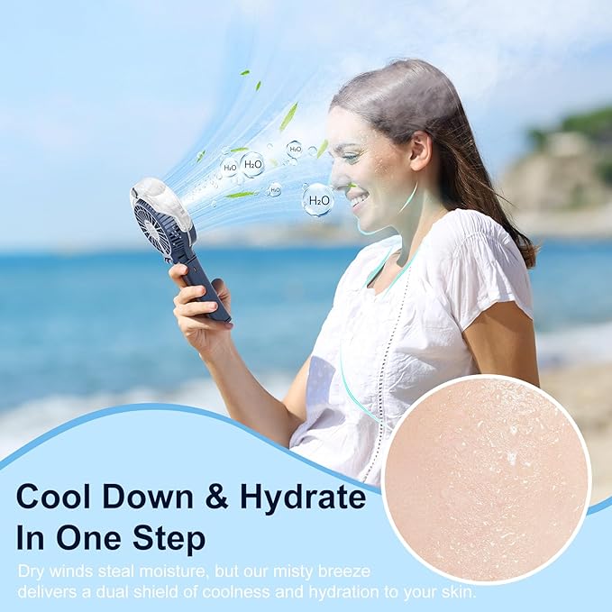 HandFan Upgraded Portable Handheld Misting Fan, Rechargeable Personal Mister Fan, Spray Water Mist Fans, Mini Cooling Hand Fans for Summer Beach Travel Concerts, Gifts for Women(Royal Blue)