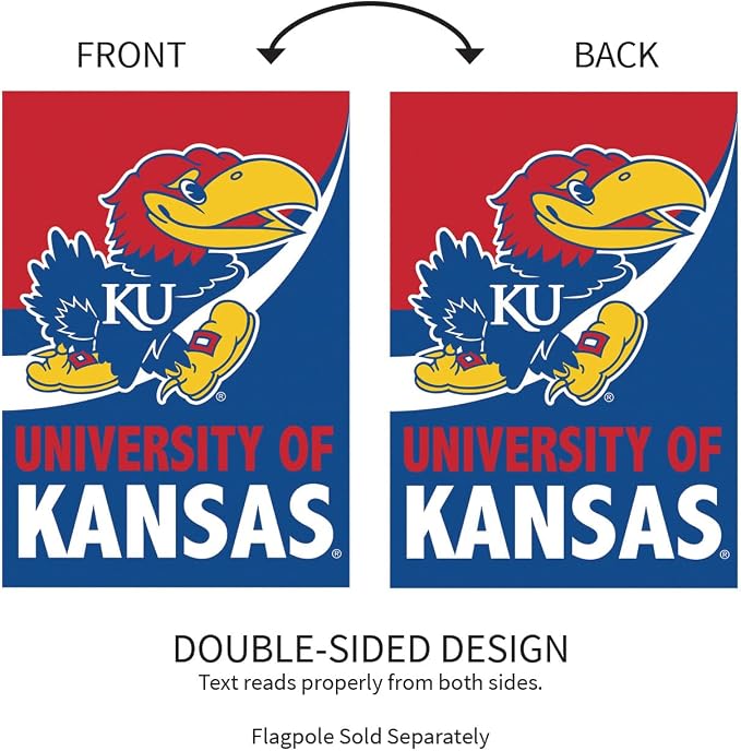 NCAA University of Kansas House Flag, 28 x 44, Double Sided Garden Flags for Outside, Outdoor College Flags & Banners for Gardens Patio, Indoor Wall Decor Flag for Room