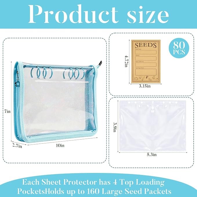Seed Storage Organizer Binder, Seed Packet Organizer with 160 Pockets(80 Pack Resealable Seed Envelopes),3.9x5.3 Inch Clear Sleeves, Seed Saver for Garden Lover(Blue)