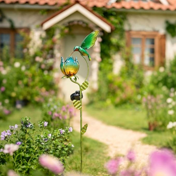 TERESA'S COLLECTIONS Glass Flower Bird Pathway Solar Outdoor Light for Garden Decor, 39'' Tulip and Hummingbird Metal Decorative Stakes Yard Art for Lawn Patio Porch Decorations, Gifts for Mom