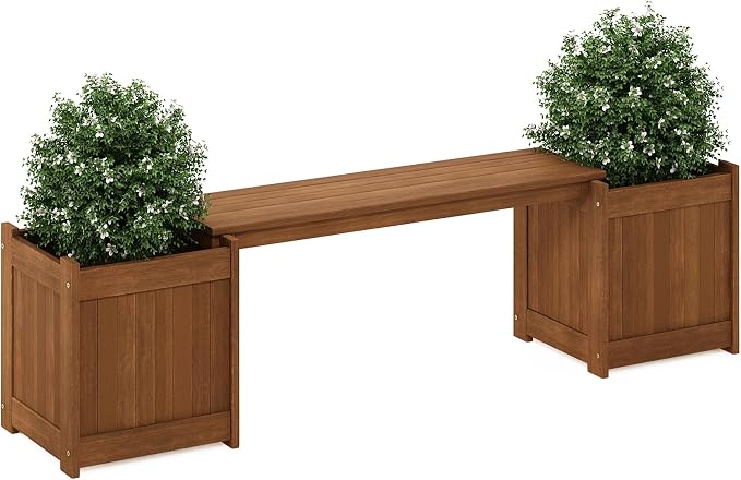 Furinno TIOMAN Planter Box with Bench, Hardwood Flower Box with Seat, Cube Garden Box, in Teak Oil, Outdoor Indoor, Garden, Patio, Balcony, Light Wood