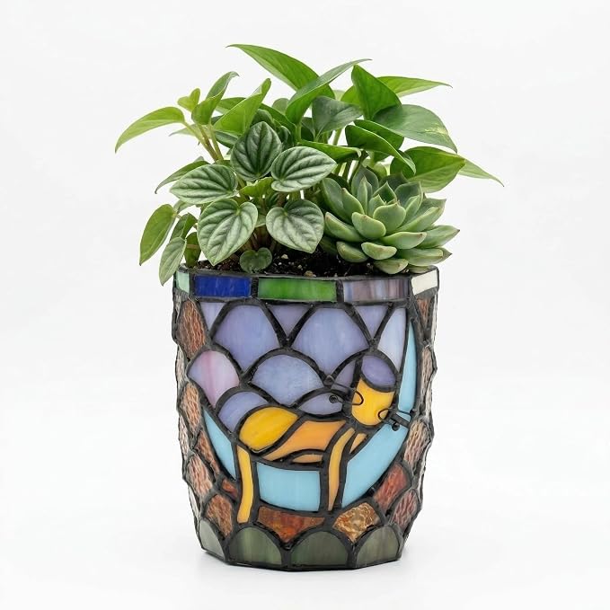 Stained Glass Hanging Cat Planter Pot, Orange Sleeping Cat Small Hanging Plant Pots Indoor, Blue Moon Flower Pot Plant Gifts