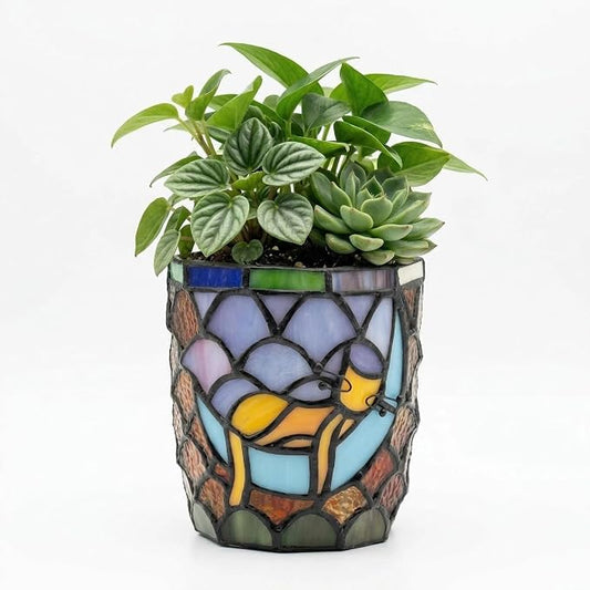 Stained Glass Hanging Cat Planter Pot, Orange Sleeping Cat Small Hanging Plant Pots Indoor, Blue Moon Flower Pot Plant Gifts