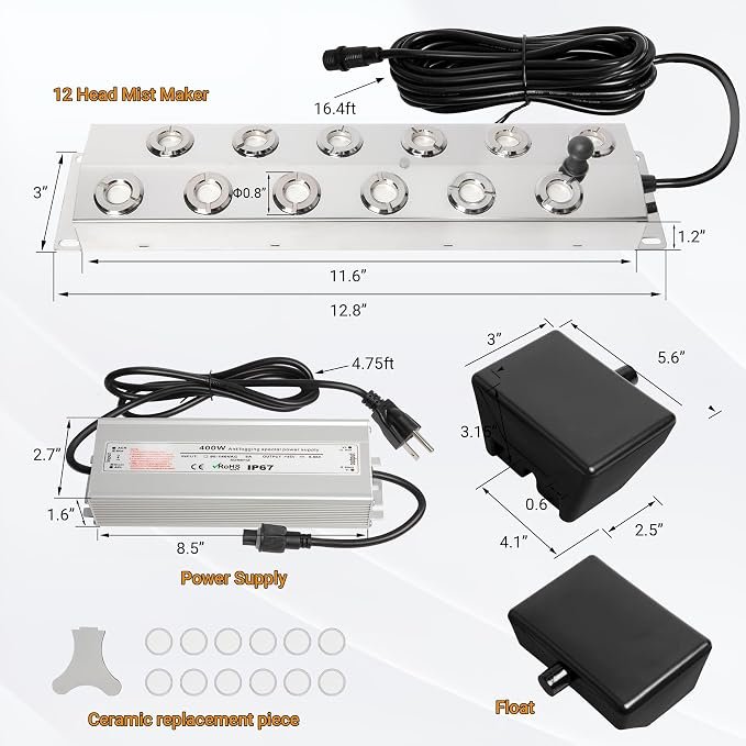 Ultrasonic Mist Maker Fogger 12 Heads, Ultrasonic Mister 9000ml/H | 400W & IP67 Waterproof Power Supply, with 2 Floats & 12 Atomizer Heads Replacements, Perfect for Fountain Pond, Halloween
