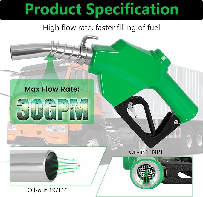 Azdele 1" NPT Automatic Fuel Nozzle & Hook, Diesel Gas Pump Handle, 19/16"(OD=30mm) Max Flow 30GPM, Fuel Transfer Pump Nozzle For Gasoline, Diesel, Biodiesel, Kerosene, Auto Shut Off 3-speed Latch