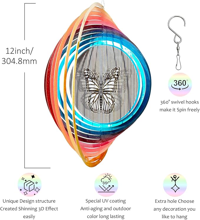 Aoedelyart Wind Spinner Creates a Fluttering Butterfly 3D Animations Effect,Wind Spinners Ouddoor Butterfly Gift for Women/Grandma/Mom/Wife,12inch Mandala Wind Spinner Hanging Garden Yard Art Decor