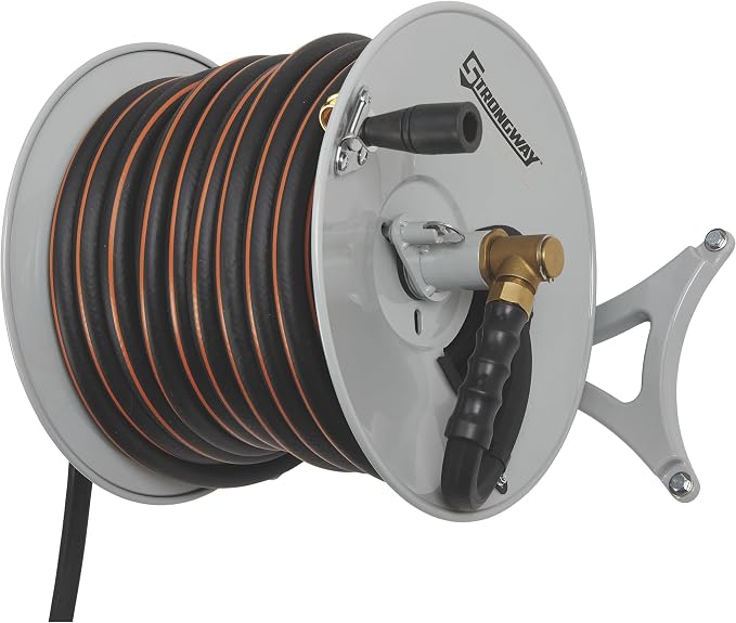 Strongway Wall-Mount Hose Reel, Holds 5/8 in. x 150 ft. Hose, 150 PSI, Parallel or Perpendicular Mount, Left or Right Hand, Brass Fittings, 6 ft. Rubber Lead-In Hose, Mounting Hardware Included