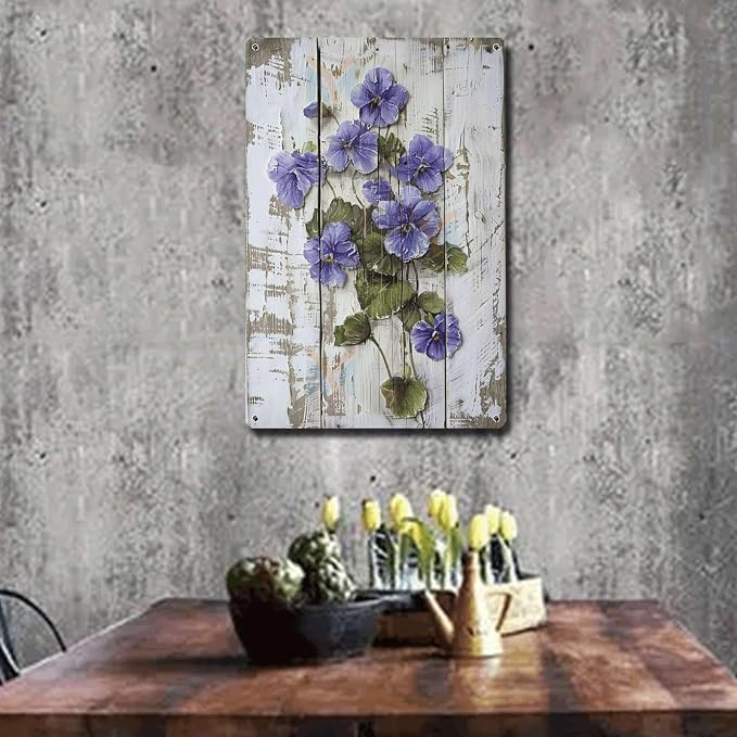Metal Sign Tin Sign Vintage Wall Art Rustic Charm Violets Tin Sign for Shabby Chic Gardens Cottage Style Decor and Weather Resistant D Bar Signs for Home Bar for Restaurant 8×12 Inches