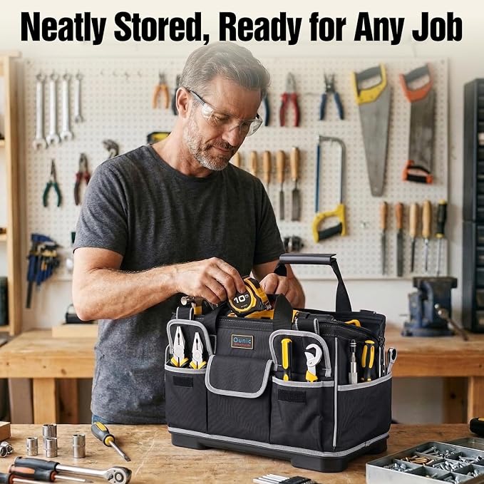 Tool Bag, Ounic 16 Inch BigTool Tote Bag Heavy Duty With Waterproof Molded Base, Wide Mouth Tool Box Organizer with Adjustable Shoulder Strap for Electrician Mechanic Craftsman Plumbers(Black)