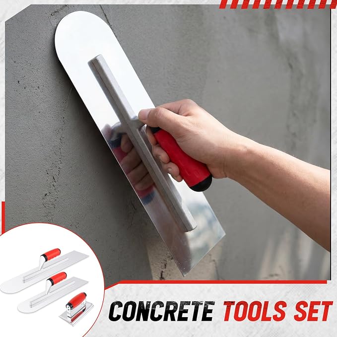 Large 20" & 16" Concrete Finishing Trowel Set, Stainless Steel Masonry & Plastering Finishing Trowels, Square & Round End Trowels with 6" x 3" 1/4" R Edger, DIY Patio, Driveway & Small Projects