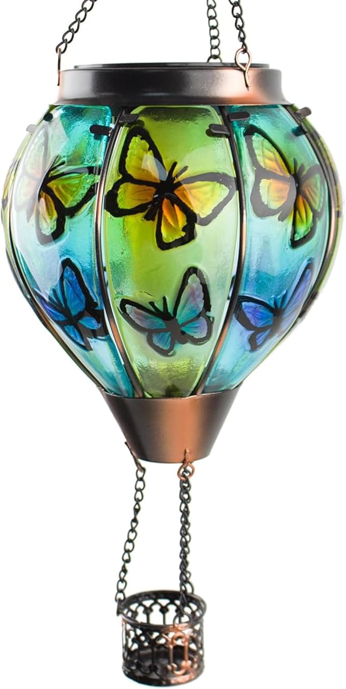Larekook Butterfly Solar Hot Air Balloon Lantern with Flickering Flame,Glass Hot Air Balloon Solar Lanterns Outdoor Waterproof Hanging Light for Patio Porch Yard Garden Decor,Birthday Gifts for Women