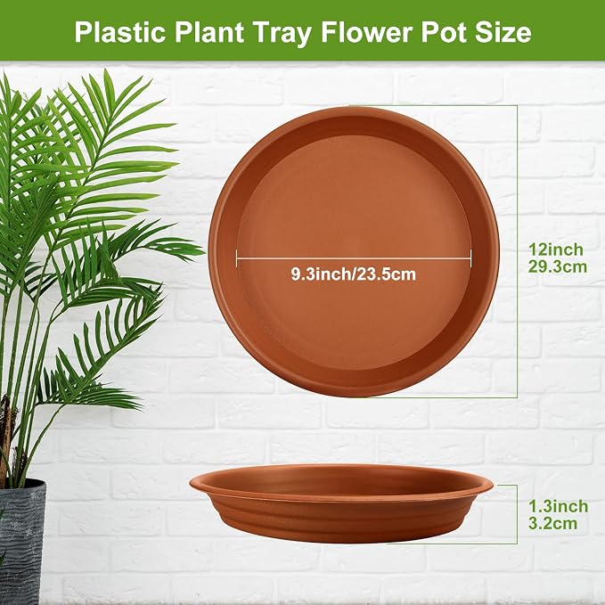 12 Pcs 12 Inch Plastic Plant Saucer Thicker Plastic Heavy Duty Round Flower Pot Saucers Water Planter Tray for Indoor Outdoor Plant Pots, Terracotta Color