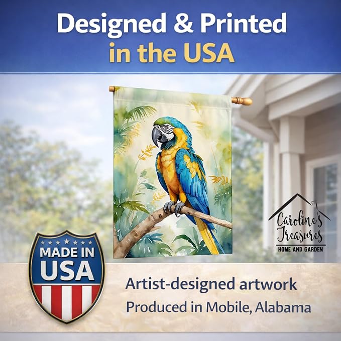 Caroline's Treasures Blue and Gold Macaw House Flag Large Porch Sleeve Pole Decorative Outside Yard Banner Artwork Wall Hanging, Polyester, House Size, Multicolor