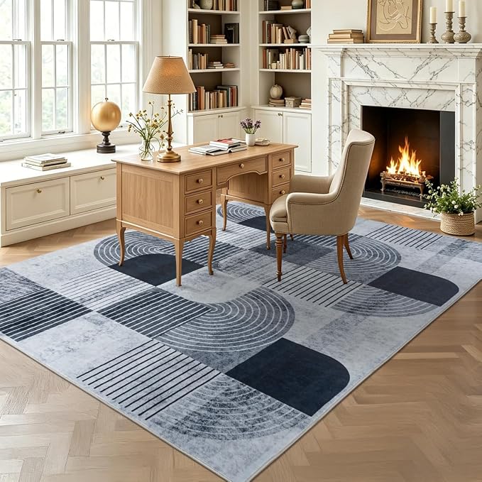 8x10 Area Rugs Washable Living Room Rug - Non-Slip Carpets Modern Rug | Neutral Soft Abstract Carpet Indoor Floor Stain Resistant Carpets for Bedroom Dining Room Nursery Home Office, Blue & Gray