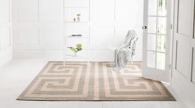 Unique Loom Athens Collection Classic Geometric Modern Border Design Area Rug (8' 0 x 8' 0 Square, Gray/ Beige)