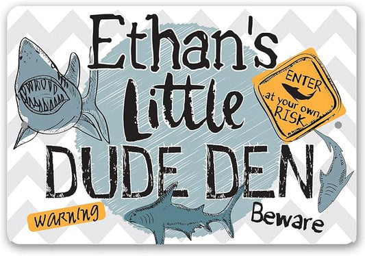 Personalized - Little Dude Den - Customized Boy's Room Decor, Shark Warning Signs for Kids Bedroom and Playroom, Great Baby Shower and Birthday Gifts, 12x18 Indoor or Outdoor Durable Metal Sign